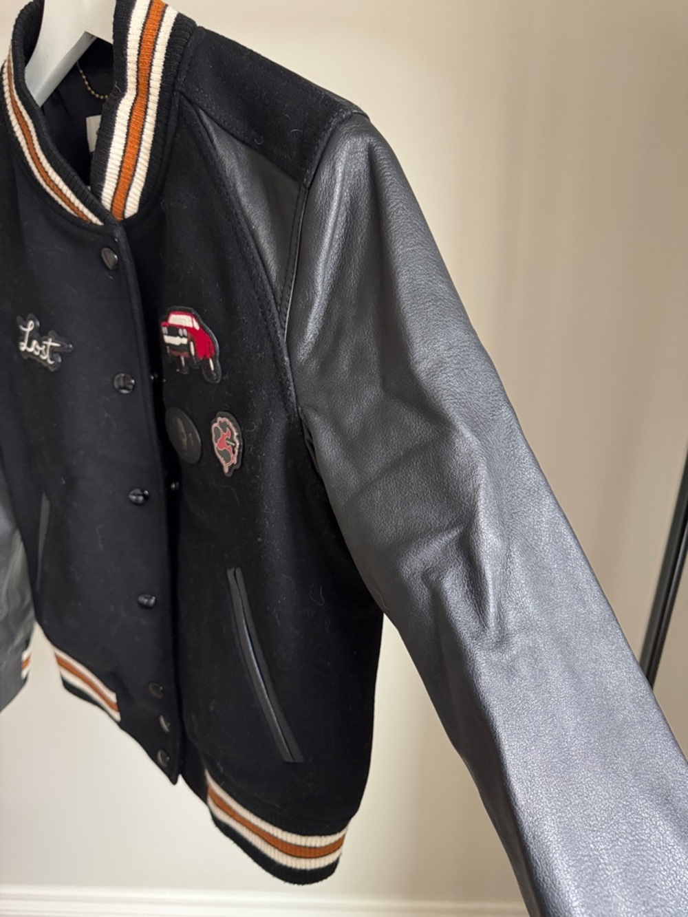 Coach Black Wool and Leather Varsity Jacket with Red Car Patch - Picture 3 of 6